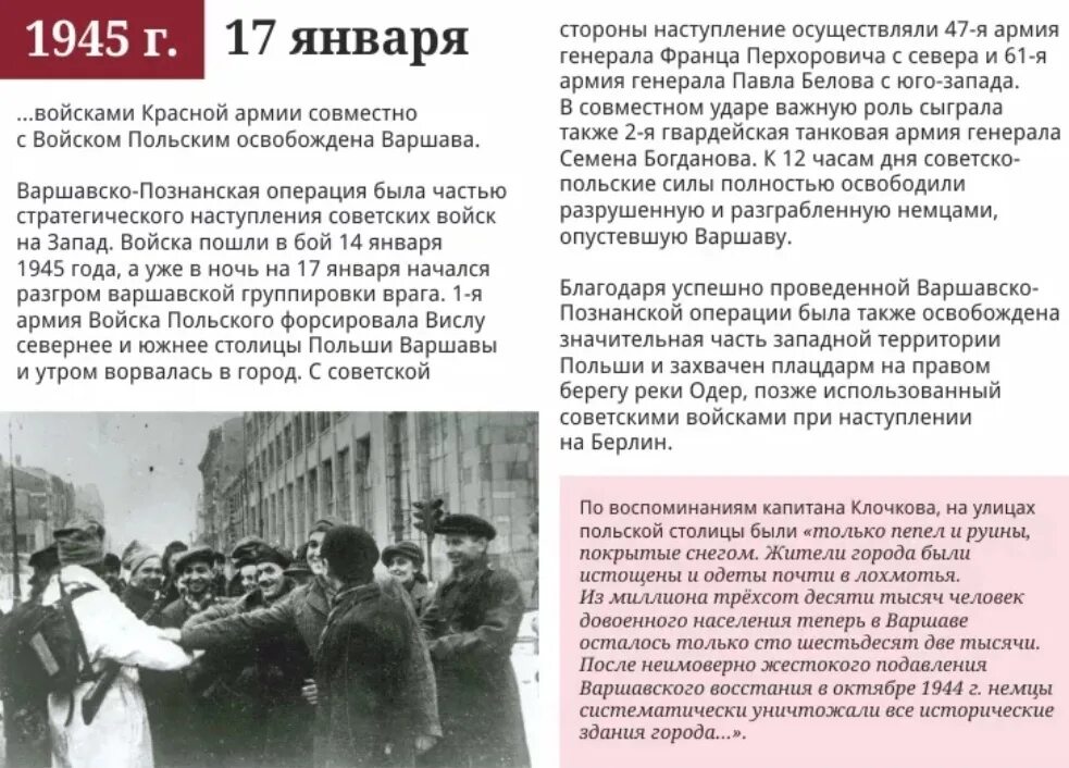 В каком году освободили советский союз. Варшавско-Познанская наступательная операция 1945 года. Висло-Одерская операция освобождение Варшавы. 17 Января 1945 года день освобождения Варшавы советскими войсками. 17 Января советские войска освободили Варшаву.