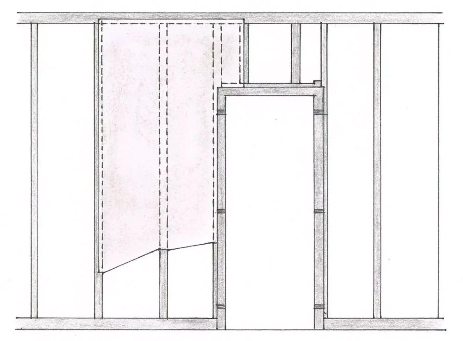 Монтаж дверного проема в перегородке из гипсокартона. Монтаж перегородки из гипсокартона с дверью. Перегородка из гипсокартона Кнауф с двумя раздвижными дверьми чертеж. ГКЛ каркас дверной проем.