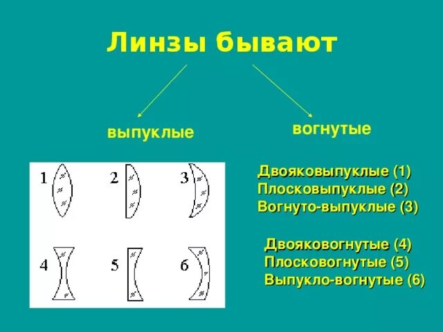 Линзы бывают физика. Выпуклая и вогнутая. Двояковогнутые и выпуклые линзы. Выпукло вогнутая линза 6. Плосковогнутая линза.