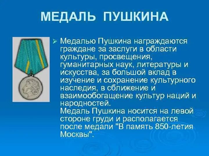 Награды пушкина. Медаль Пушкина государственная награда Российской Федерации. Заслуги Пушкина. Медаль Пушкина Награжденные.