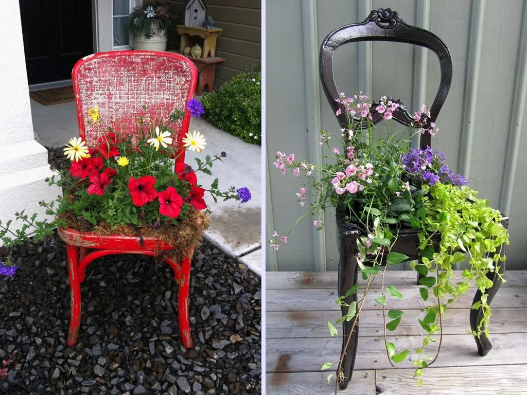 Новая жизнь предметов. Декор старого стула для сада. Вторая жизнь старых вещей. Старые стулья в декоре сада. Клумба из старого стула.