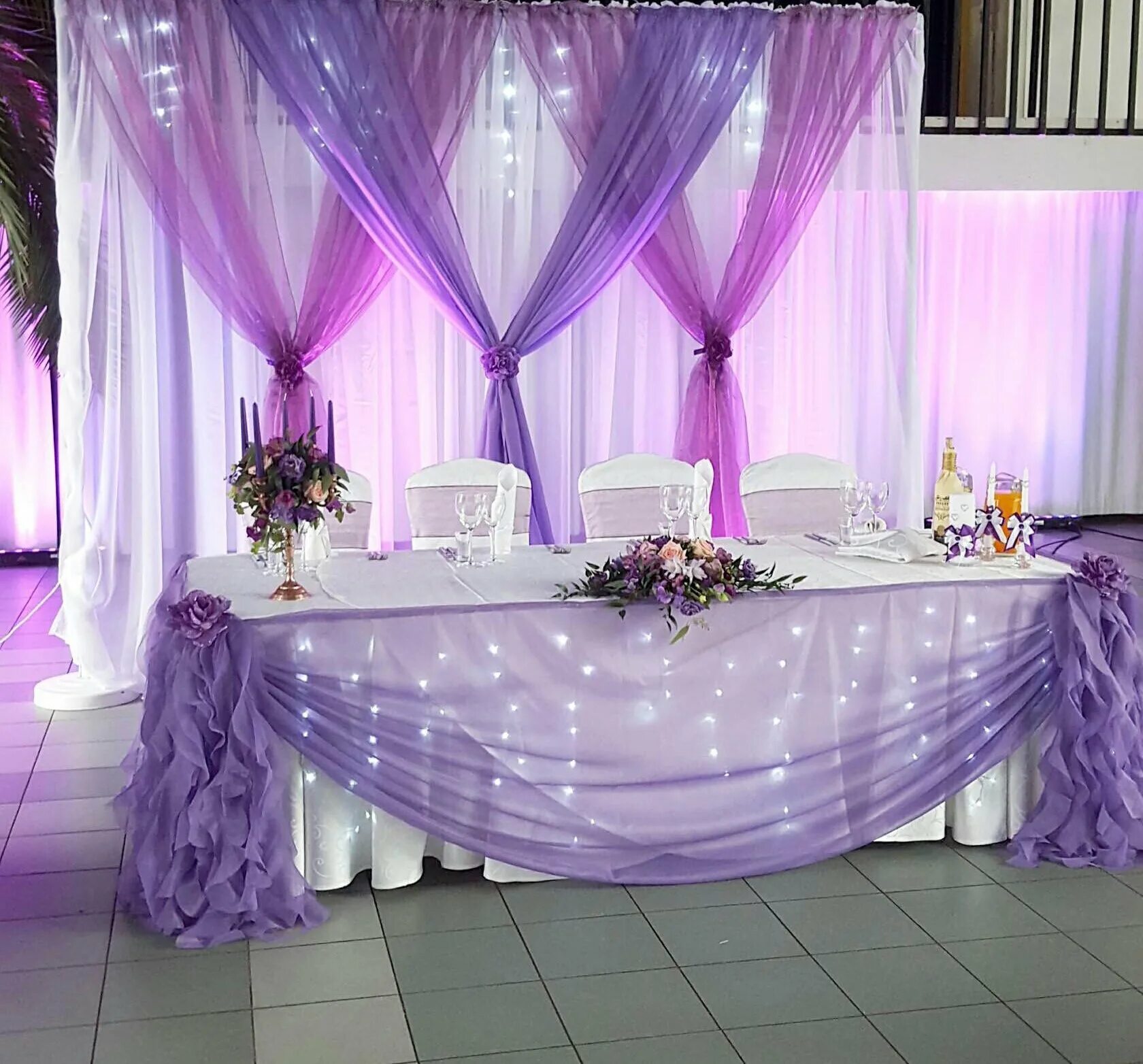 Украшение зала. Украшение свадебного стола. Украшение зала на свадьбу. Украшение зала в фиолетовом цвете. Украшение зала на свадьбу в сиреневом цвете.