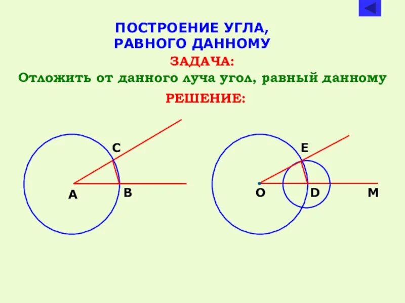 2 построить угол равный данному. Построение угла равного данному 7. Построение угла равного данному. Задачи на построение построение угла равного данному. Задача на построение угла равного данному.