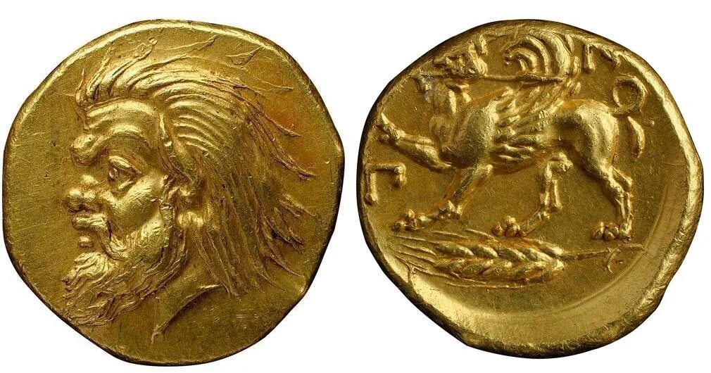 Золотой статер Филиппа Македонского. Монета Пантикапей статер. Начало чеканки первой в мире монеты 5