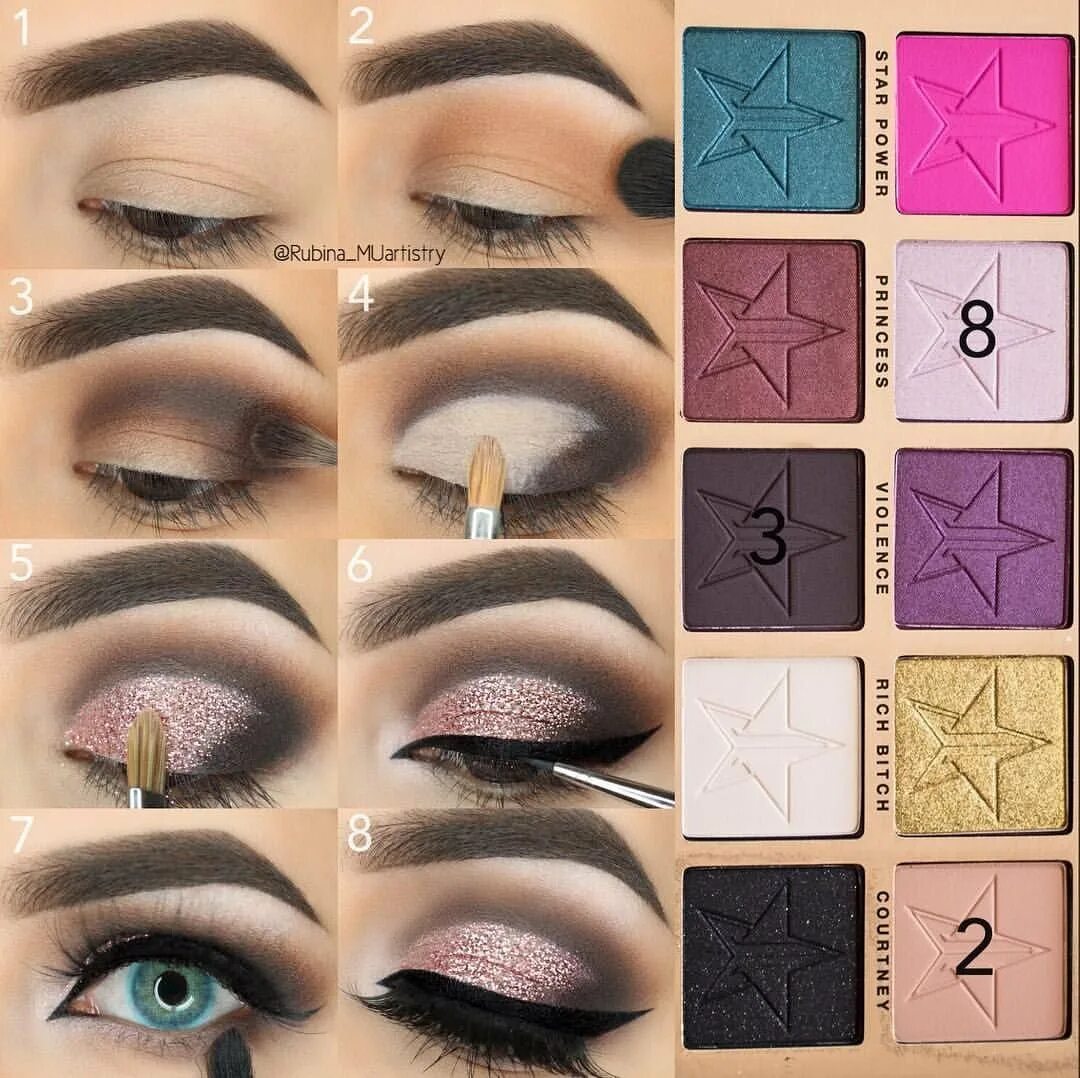 Макияж глаз пошагово. Как можно использовать тени. Сочетание цветов теней. Макияж тенями пошагово. Макияж с блёстками на глазах.