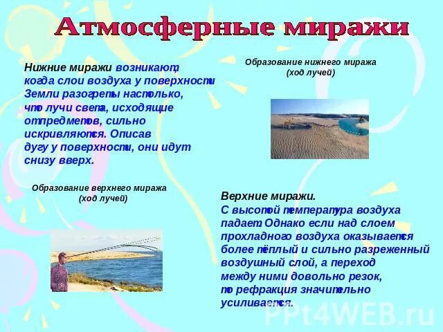 Сообщение по географии мираж. Виды миражей. схема образования миража. образование миражей. верхний мираж ход лучей.