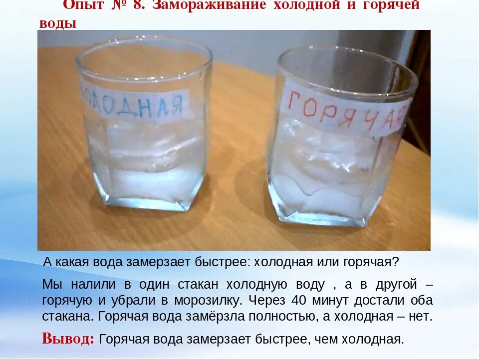 Опыт с замораживанием воды. Опыт с горячей водой. Опыт с горячей и холодной водой. Опыт замерзание воды. В соке есть вода