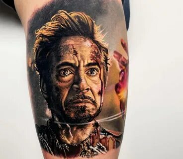 Close. realistic Tony Stark Marvel movie Avangers Endgame tattoo art Steve ...