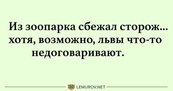 Почему не договаривают шутки. Анекдот про сторожа в зоопарке. Сторож зоопарка. Из зоопарка сбежал сторож хотя возможно львы что-то недоговаривают. В зоопарке пропал сторож анекдот.