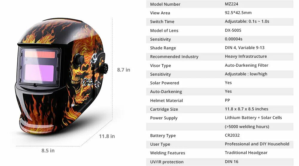 Маска сварщика Deko. Сварочная маска хамелеон для Tig mig MMA. Deko Skull Solar auto Darkening Adjustable range 4/9-13 mig MMA Electric Welding Mask Helmet Welding Lens for Welding Machine. Размеры сварочной маски.