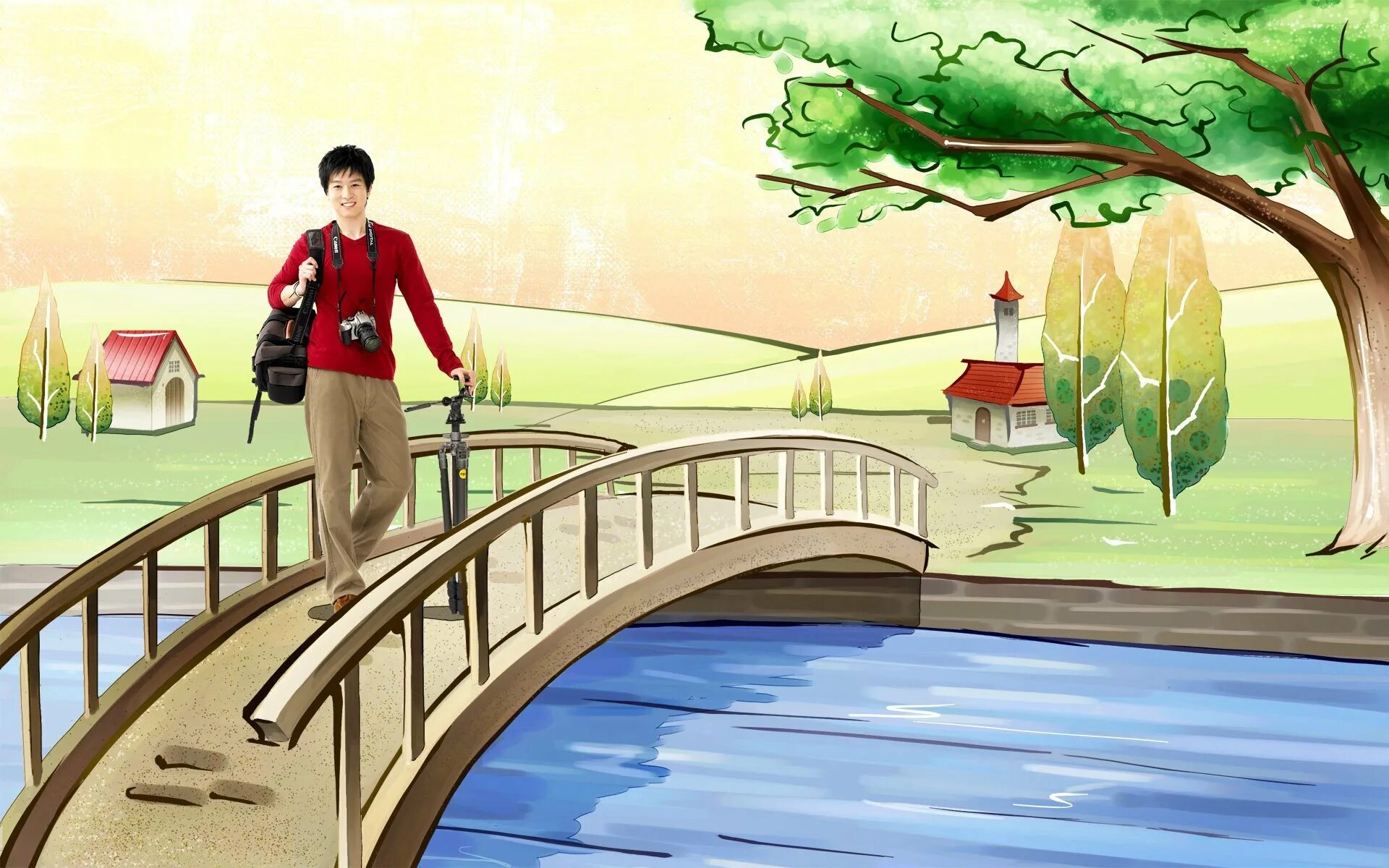 Человек шел через реку. Парк мультяшный. Сказочный мост. Парк иллюстрация. Прогулка по городу рисунок.
