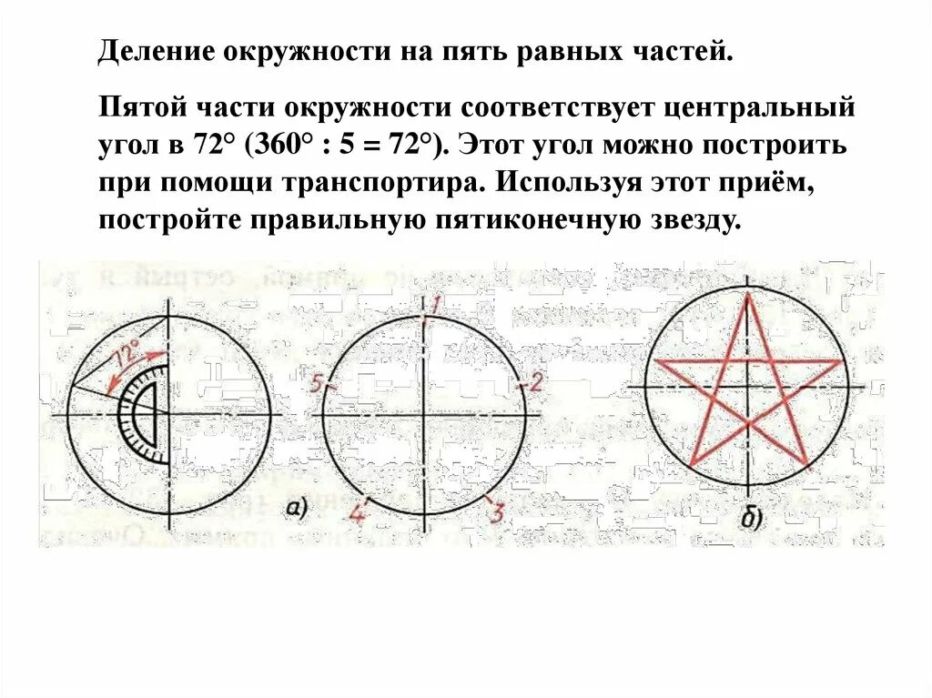 Круг делить на 5. Деление окружности на 5 равных частей. Деление окружности на 5 равных частей с помощью транспортира. Деление окружности на 5 циркулем. Деление окружности на 5 частей циркулем.