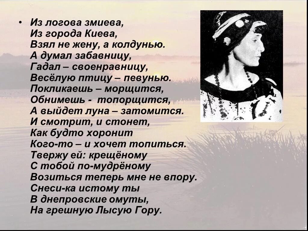 Гумилев ахматовой стихотворение. Гумилев из города Киева из логова Змиева. Из логова Змиева Гумилев. Ахматова колдунья. Гумелев из логова змеи.