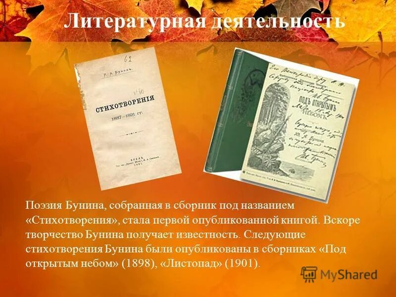 Произведение 1 лист. Литературная деятельность Бунина. Литературна ядетельность б Унина. Первая книга Бунина. Сборник стихов Бунина.