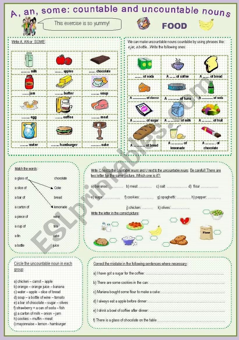 Fill in a an some ответы. Исчиляемыев английском языке упражнения. неисчисляемые существительные в английском языке worksheets. countable and uncountable nouns food упражнения a an some. countable and uncountable nouns упражнения.