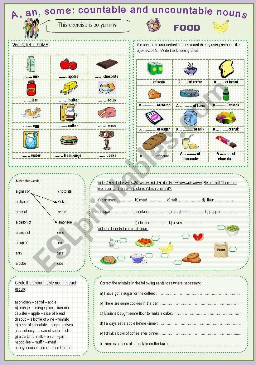 Исчиляемыев английском языке упражнения. Неисчисляемые существительные в английском языке Worksheets. Countable and uncountable Nouns food упражнения a an some. Countable and uncountable Nouns упражнения.