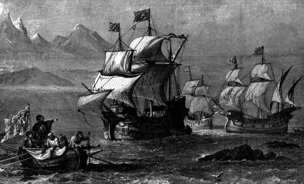 Магеллан открыл океан. Корабль Фернана Магеллана. Фернан Магеллан открытие Тихого океана. ВАСКО да Гама второе плавание в Индию 1502 1503.