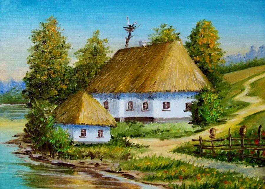 Хата рисунок. Украинские хаты-мазанки живопись. Украинские хатки картины. Украинский хата дети. Украинский пейзаж мазанки.