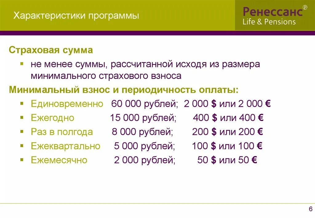 Ренессанс жизнь программы страхования. Технические характеристики программы. Минимальный размер страховой суммы. Ренессанс жизнь программа 6