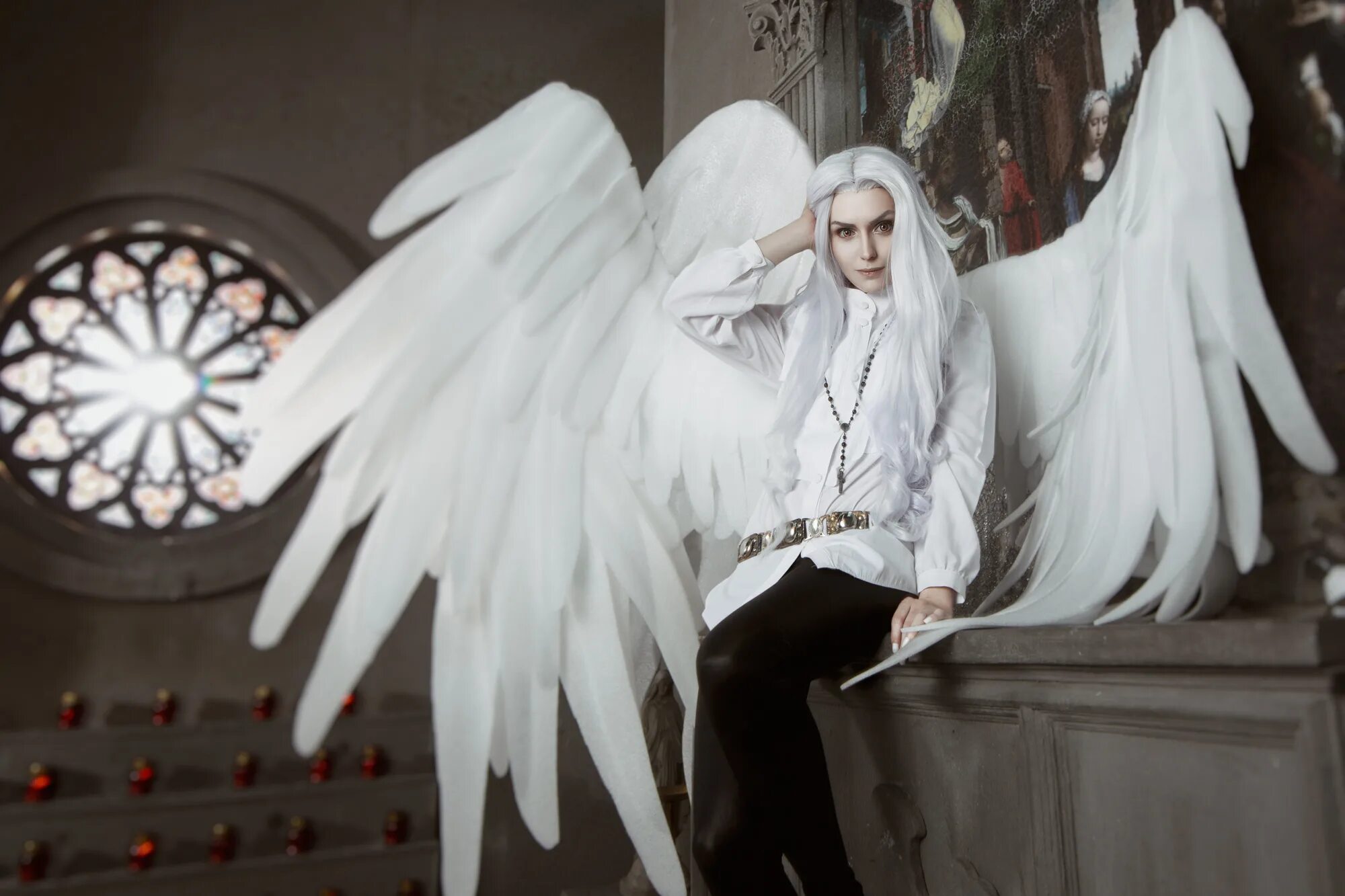 White cosplay. Angel Sanctuary Gesha. Ангел косплей. Косплей с крыльями. Косплей в белом.