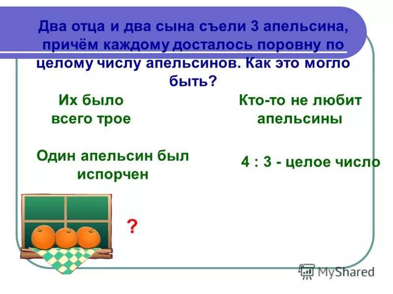два отца и два сына разделили между собой три апельсина. 2 отца и 2 сына загадка. сколько съел каждый?. 2 отца и 2 сына съели 3 апельсина сколько съел каждый из них. шли два отца и два сына нашли три апельсина ответ.