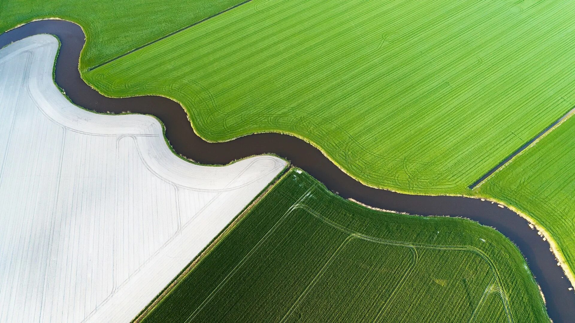 Aerial view поле. Река в поле вид сверху. Почвы Голландии. Мелиорация. Up field