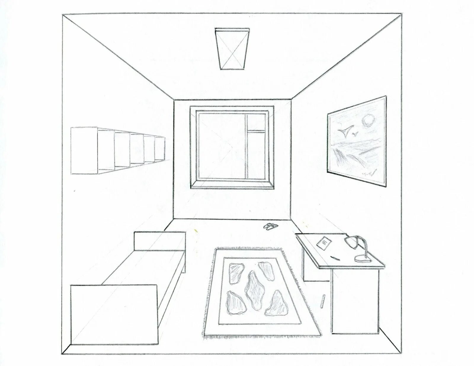 Рисунок комнаты 7 класс легко. Чертеж детской комнаты с мебелью вид сбоку. Комната в перспективе вид сбоку. Перспектива комнаты вид сверху сбоку. Набросок интерьера комнаты.