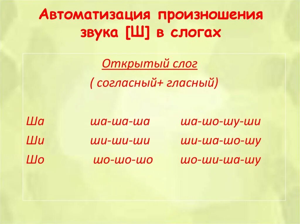 Автоматизация звука ш в слогах. Автоматизация произношения звука с. Автоматизация ш в открытом слоге. Постановка звука ш в слогах. Автоматизация звука ш в слогах словах