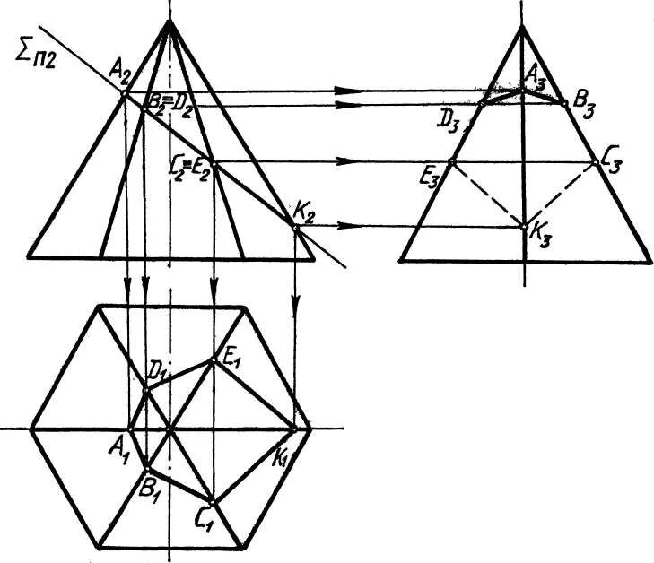 Три сечения пирамиды. Начертательная геометрия пирамида и плоскость. Усеченная пирамида Инженерная Графика. Начертательная геометрия проекция пирамиды. Сечение пирамиды плоскостью Инженерная Графика.