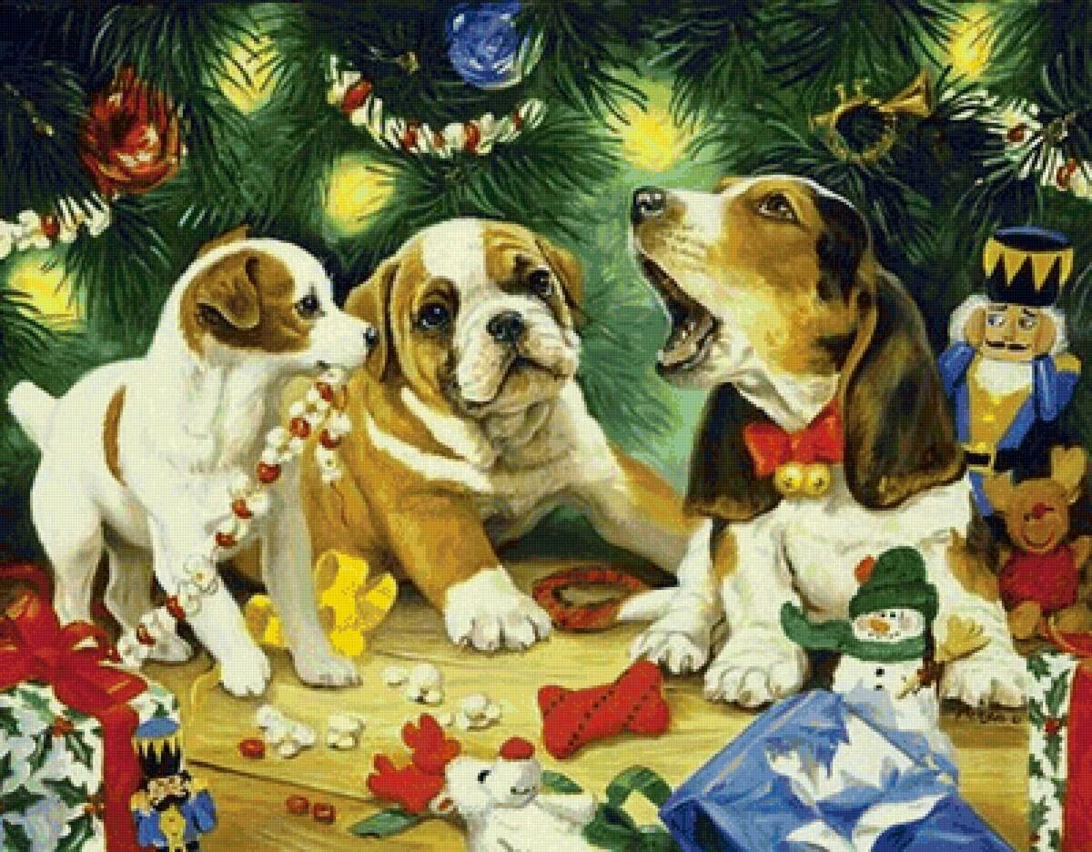 Проводим год собаки. Новогодние открытки с собаками. Новогодние сюжеты. Новый год картина. Новогодние собаки в живописи.