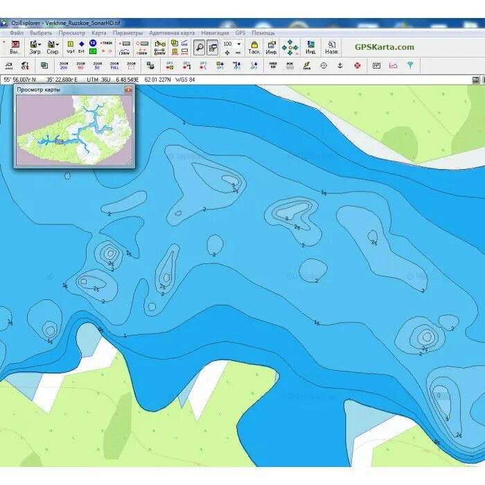 Карта глубин Верхнерузского водохранилища SonarHD для Android, OziExplorer, Mage