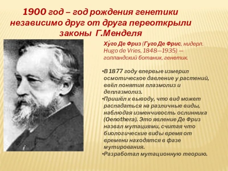 Х де фриз. 1900 Гуго де фриз. Гуго де фриз генетик. Хуго де фриз (1848 – 1935) - голландский ученый. Гуго де фриз открытия.