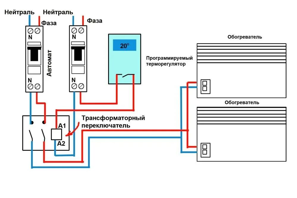 Подключаем два нагревателя. Схема установки электрического конвектора. Терморегулятор для радиатора отопления схема подключения. Схема подключения обогревателя через контактор. Конвектор воздуха схема подключения.