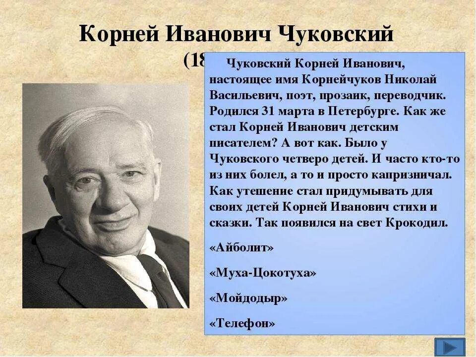 Рассказ о творчестве писателей. Имя писателя Корнея Чуковского.