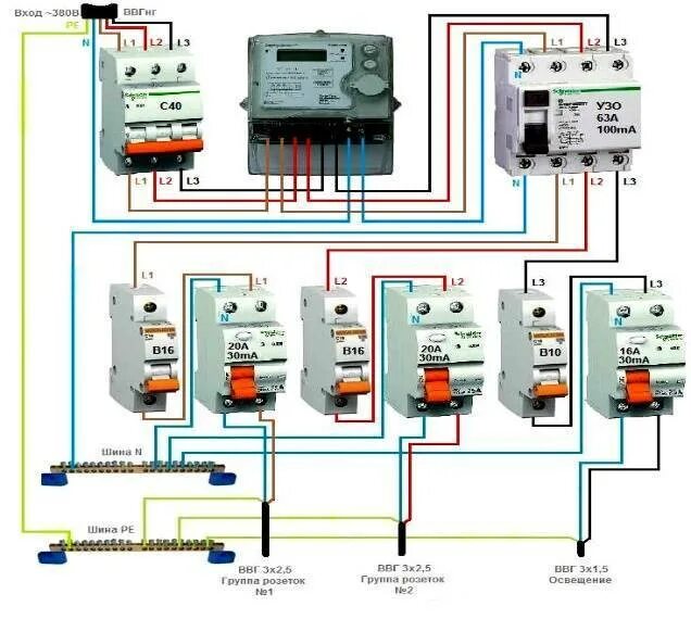 Мощность дифавтомата. Схемы подключения вводных автоматических выключателей. Вводной автомат 40а 600в. Схема подключения УЗО 380в трёхфазный. Дифавтомат 16а схема.