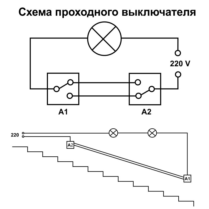 Соединение проходного выключателя. Схема проходного выключателя с 2х мест. Схема присоединения проходного выключателя. Электрическая схема подключения проходных выключателей. Схема включения лампочки с двух выключателей.