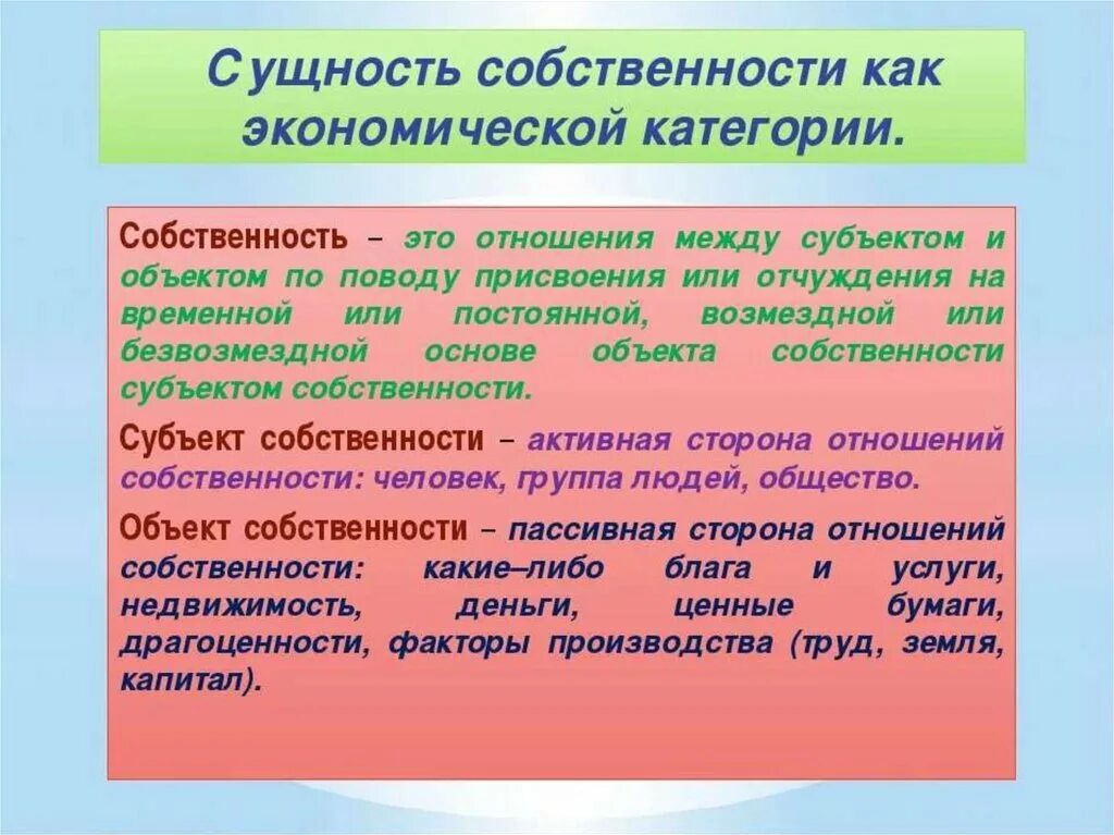 Понятие собственности обществознание