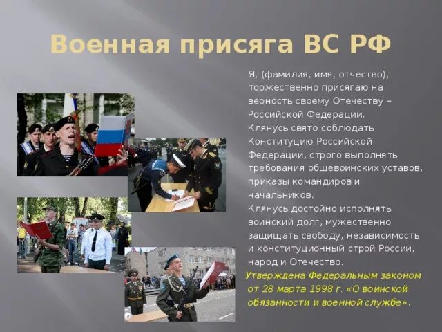 Какова роль военной присяги. Военная присяга. Военная присяга Российской Федерации. Военнослужащие торжественно присягаю на верность своему -ей -им. Военная присяга текст.