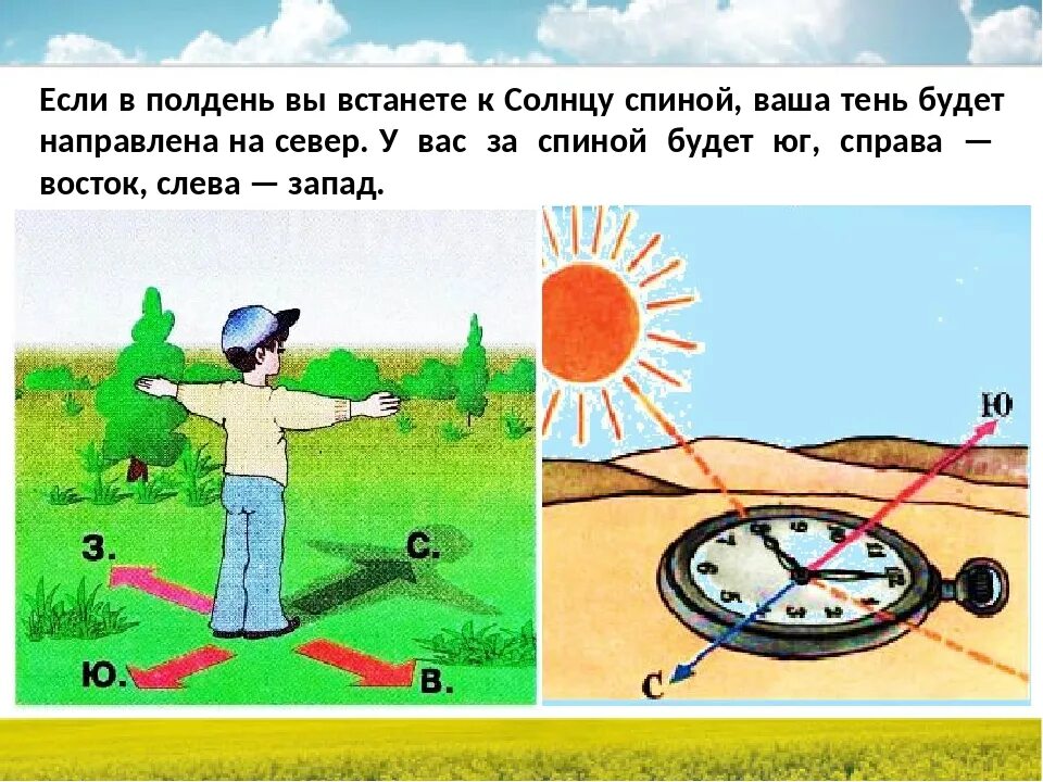 Окружающий мир 2 класс тема ориентирование тест. Ориентирование по местности по солнцу. Ориентирование по часам изображение. Ориентир на местности по солнцу. Определить стороны горизонта по солнцу.