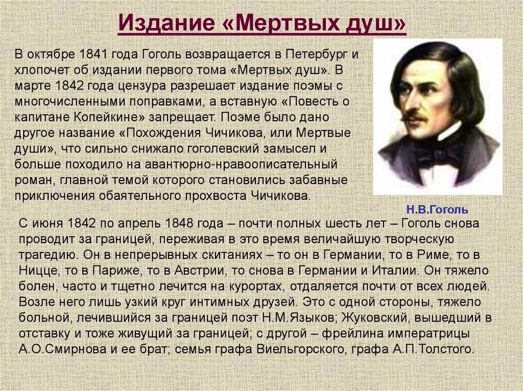 Биография гоголя в поэме мертвые души. Жизнь Николая Васильевича Гоголя. Гоголь 1842-1852. Жизнь Гоголя 1835-1842.