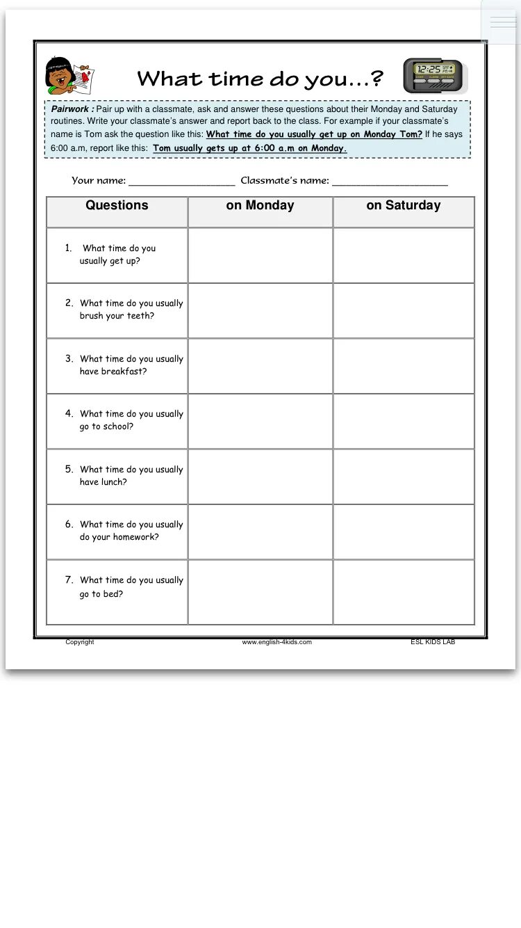 What time does she finish work. What time do you. daily routine survey. what time do you worksheet. what time do you questions.