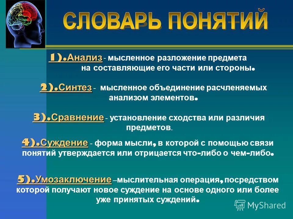 Мысленное воссоединение элементов в единое целое. Мысленное разложение предмета на составляющие его. Анализ это мысленное. Мысленное или реальное разложение объекта. Мысленное или реальное разложение целого на части это.