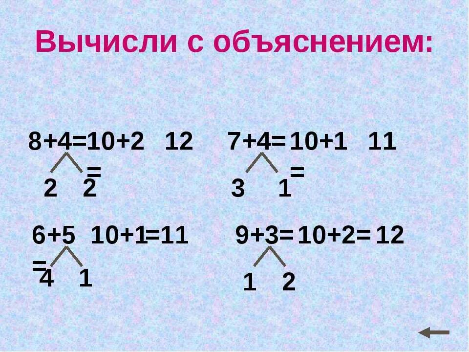 Вычисли с помощью сложения. Вычисли с объяснением. вычисли с обе снение ми. вычисли с объяснением 1 класс. общий прием сложения однозначных чисел с переходом через десяток.