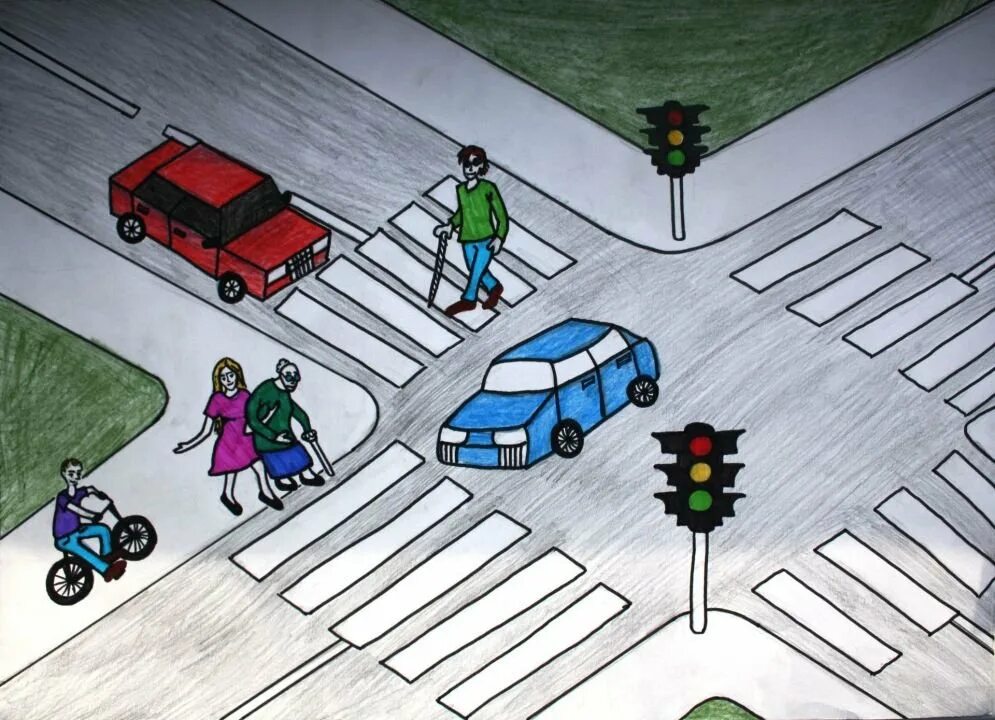 Пешеходы на перекрестке. Перекресток рисунок для детей. Рисунок на тему ПДД. Пешеходный переход на перекрестке.