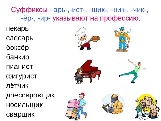 Слово 5 букв заканчивается на ист. Суффиксы профессий. Профессии с суффиксом ник. Профессии с суффиксом арь. Название профессий с суффиксом.