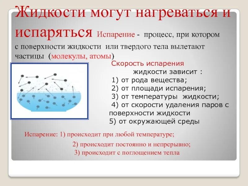 Испарение жидкости. Процесс испарения. Что происходит с жидкостью при испарении. Что происходит при испарении воды. Вода на горячей поверхности