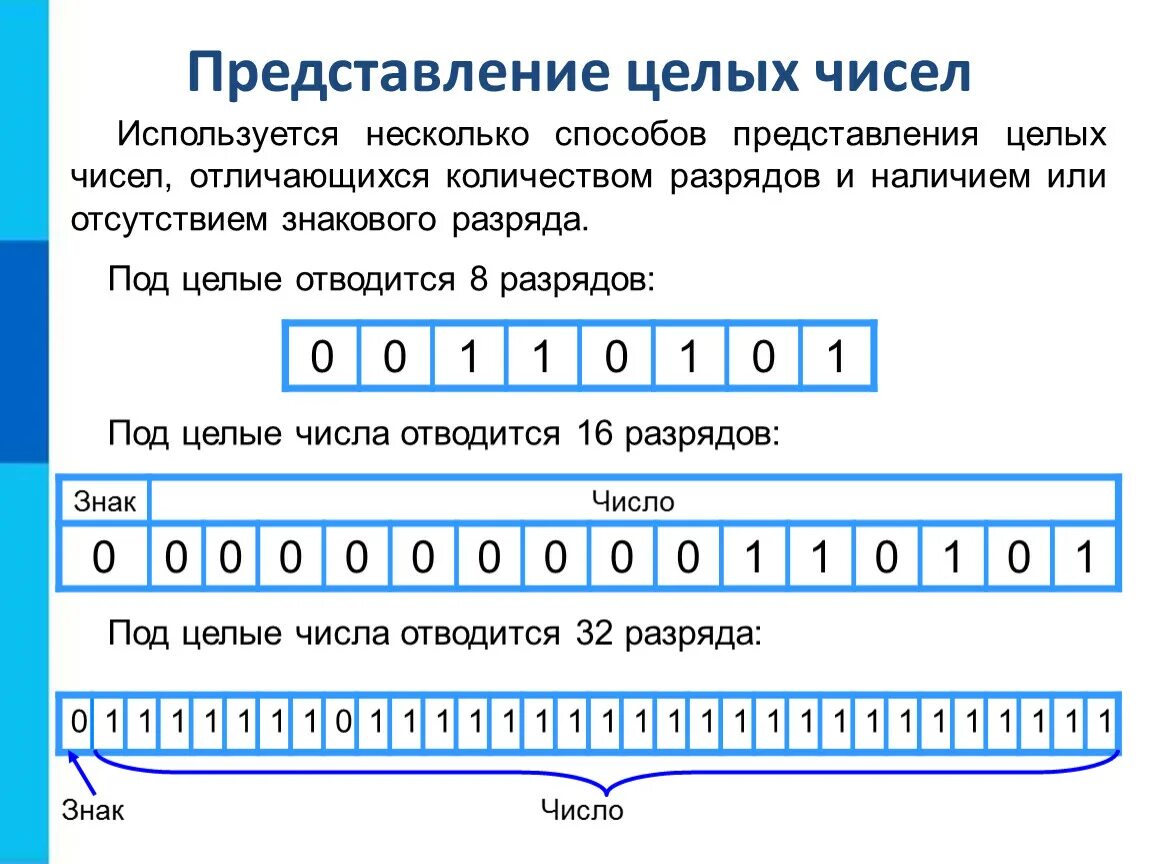 Сколько двоичных разрядов. Представление целых чисел в информатике. Представление целых чисел 8 класс Информатика. Представление целых чисел в компьютере. Представление целых чисел 8 класс босова.