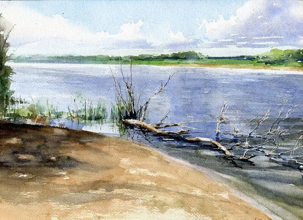 Картины художников берега рек. Речной пейзаж акварелью. акварель берег реки. пейзаж с рекой акварелью. река акварелью.