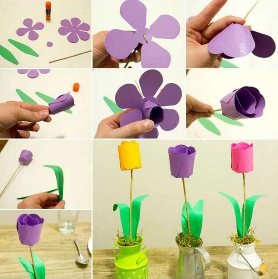 Сделать цветок из бумаги своими руками легко. Цветы своими руками для детей. Легкая поделка цветок. Красивые легкие цветы из бумаги. Поделка тюльпаны из бумаги.