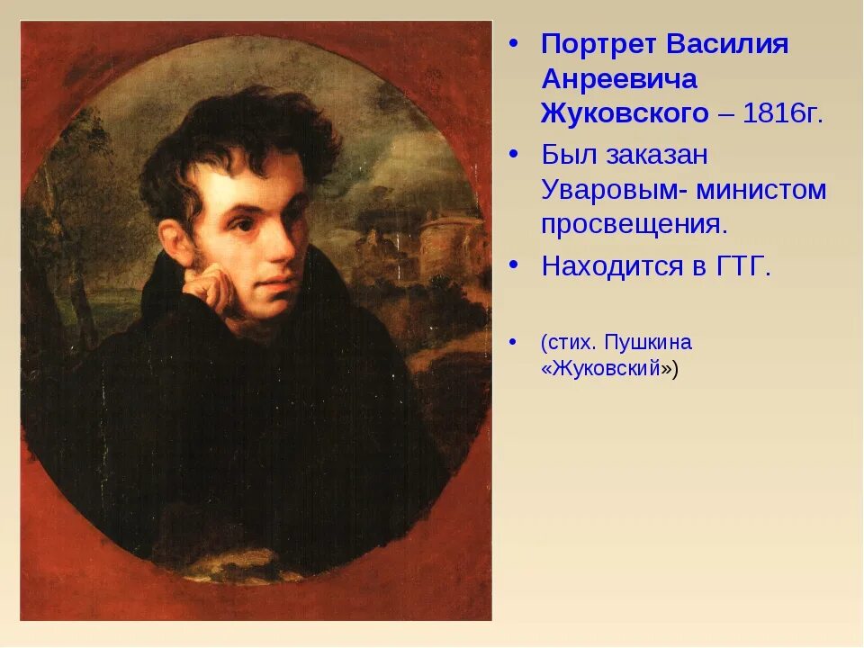 Стихотворения пушкина жуковскому. Кипренский портрет Жуковского 1816.